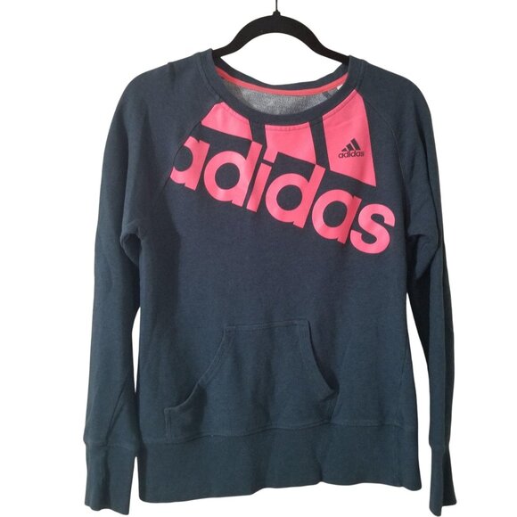 Adidas Womens Navy Sweatshirt With Pink Logo Climalite Fabric Size M 80% Cotton - Picture 1 of 5